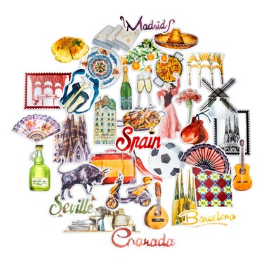 Navy Peony Sophisticated Spain Travel Stickers (36 Pack) - Cute, Waterproof, Small   Aesthetic Adventure Decals for Water Bottles, Laptops, Scrapbook