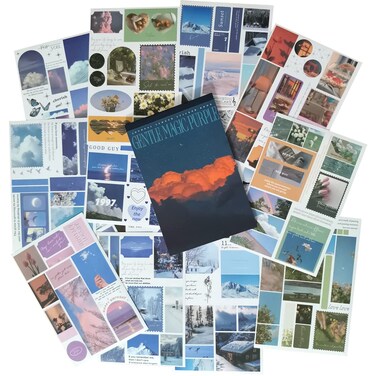 Washi Paper Scrapbooking Sticker Set Blue Sky Ocean Sunset Scenery Colorful Cloud Red Rose Tulip Flower Green Nature DIY Label for Planner Journal Diary Book Scrapbook Water Bottle Gift Card