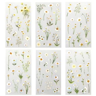 Daisy Stickers, 6 Pcs Transparent Floral Decals for Crafts Waterproof White Daisy Vinyl Flower Themed Stickers for Scrapbook Supplies Card Making Journaling Water Bottles DIY Crafts Decoration