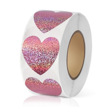 Holographic Pink Heart Shaped Sticker, 1 inch Sparkly Cute Love Labels for Valentine's Day, Invitation, Envelopes, Crafting, Scrapbooking, 500 Labels Per Roll