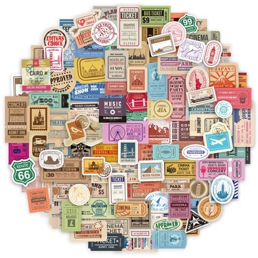 Prstincol 300 Pcs Vintage Travel Stickers Ticket Stickers for Journaling,Luggage Stickers Stub Stickers Vintage Stickers for Junk Journal Crafts Laptop Water Bottle Album Scrapbook