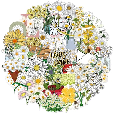 Flower Stickers,Daisy Theme Floral Stickers Pack for Water Bottle Laptop Scrapbooking Phone Skateboard Suitcase Etc.Gifts Perfect Fit for Flower Lovers,Children,Teens,Adults(50 PCS)