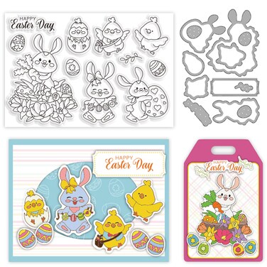 ORIGACH Easter Bunny Stamps and Dies Set for Card Making Easter Eggs and Chicks Clear Stamps and Cutting Dies for Scrapbooking DIY Crafting Decorative