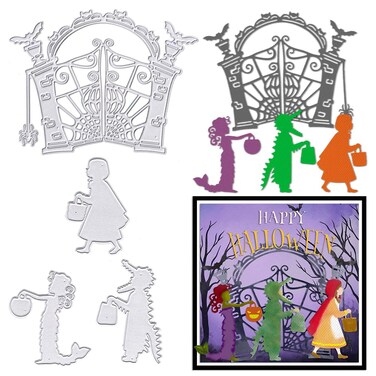Halloween Metal Cutting Dies for Card Making, Gothic Gate Door Trick-or-Treater Children Embossing Stencil Template Tool for Halloween DIY Scrapbooking Paper Card Photo Album Craft Decoration Supplies