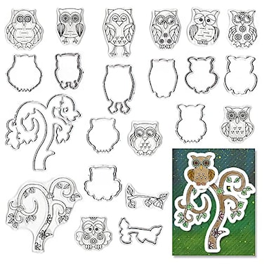 Estivaux Thanksgiving Owls Clear Stamps and Dies for Card Making, Fall Trees Leaves Rubber Stamps Birds Owls Frame Cutting Dies Sets for Scrapbooking Journaling Crafts Supplies