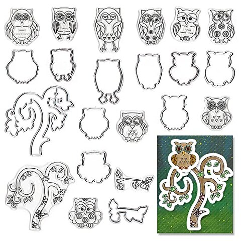Estivaux Thanksgiving Owls Clear Stamps and Dies for Card Making, Fall Trees Leaves Rubber Stamps Birds Owls Frame Cutting Dies Sets for Scrapbooking Journaling Crafts Supplies