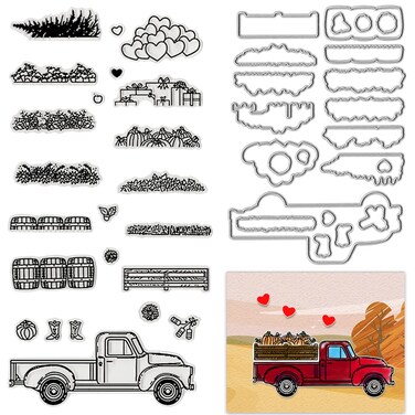 Estivaux Grass Leaves Truck Clear Stamps and Dies for Card Making, Flowers Pumpkins Hearts Rubber Stamps Truck Flowers Cutting Dies Sets for Scrapbooking Journaling Crafts Supplies