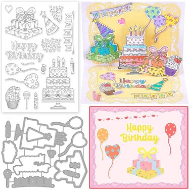 INFUNLY Happy Birthday Clear Stamps and Dies Balloons Stamp Cakes Stamp Love Silicone Stamp Metal Cutting Die for Card Making Seal Sets for Christmas Thanksgiving Gifts DIY Craft Scrapbooking Decor