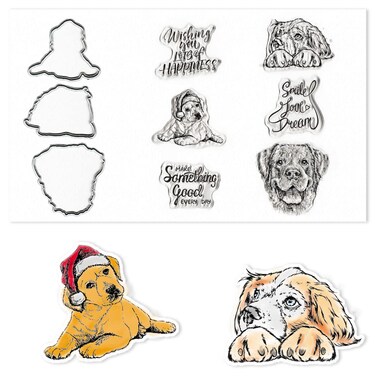 Dogs Puppy Clear Stamps and Dies for Card Making, Sentiment Words Letters Transparent Rubber Stamps Cute Dogs Animals Die Cuts Seal for DIY Scrapbooking