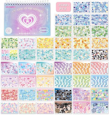 2500PCS Scrapbook Stickers Book Cute Butterfly Stars Heart Letter Stickers Glitter Self Adhesive Korean Bows Ribbons Kpop Stickers for Kids Girls Boys Aesthetic Craft Scrapbooking Junk Journal 50-Page