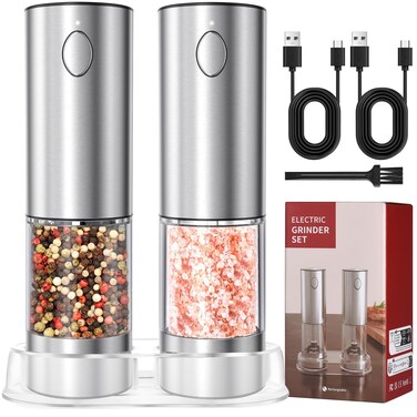 Electric Salt and Pepper Grinder Set Rechargeable Salt and Pepper Mills with Storage Base, Adjustable Coarseness and White LED Light, Washable 95ml Container, Silver
