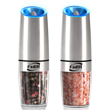 Fsdifly Gravity Electric Salt and Pepper Grinder Set - Adjustable Coarseness, Battery Operated Automatic Salt and Pepper Mills with Blue Light, One Handed Operation, 2 Pieces&acirc;&euro;&brvbar;