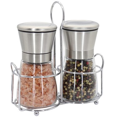 Premium Stainless Steel Salt and Pepper Grinder Set - Short Glass Shaker, Pepper Mill &amp; Salt Mill with Adjustable Coarseness, Refillable for Himalayan or Sea Salt, Black Peppercorn, with Bonus Stand