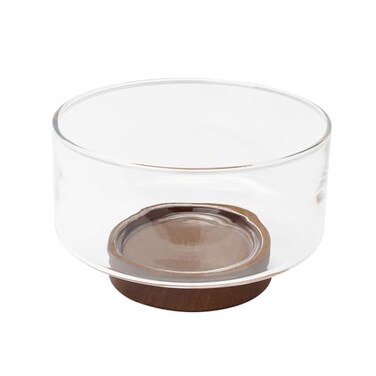 KVMORZE Glass Salad Bowl with Wood Base, Clear Fruit Bowl, Large Capacity Versatile Serving Dish for Snack, Dessert, Pasta, Microwave &amp; Dishwasher Safe, Kitchen Must-Have, Home Decor, 8x8x4 (Medium)