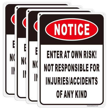 Notice Enter at Own Risk Sign 4-Pack, Not Responsible for Accidents or Injuries Sign, Caution Safety Signs, 10"x 7" Rust Free Aluminum Sign, Reflective, UV Protected and Weatherproof
