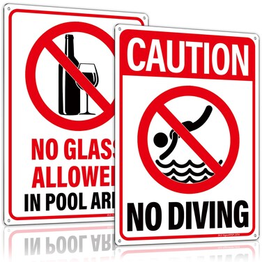 [1+1 Pack] Pool Signs for Outside,14 &Atilde;&mdash; 10'' Printed with"No diving" &amp; "No Glass Allowed in Pool Area", Fade-Resistant &amp; Rust-Free Pool Signs Safety in 0.040 Aluminum