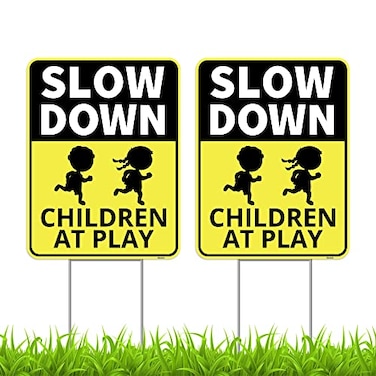 2PC Slow Down Children at Play Safety Signs for Street with Stakes, 13"x17" - Double Sided Signs - Corrugated Plastic - Caution Kids Playing Traffic Crossing Sign