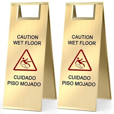 2 Pcs Stainless Steel Wet Floor Sign 8.8 Pound 24 Inch Caution Wet Floor Sign Double Sided Portable Foldable Handle Bilingual Safety Warning Signs for Restaurant Restroom Office Avoid Fall (Gold)