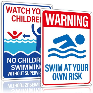 2 PACK Pool Rules Sign, 14" x 10" Aluminum Pool Signs and Decor for Outdoor, No Diving &amp; Swim at Your Own Risk, Rust Free and Fade Resistant Pool Safety Signs for outside, 0.040 Aluminum