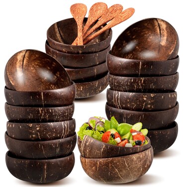 Taiyin Set of 12 Polished Coconut Bowls and Wooden Spoon Sets Natural Coconut Shell Bowls Salad Smoothie Bowls for Kitchen Women Gifts Decoration Kids Birthday