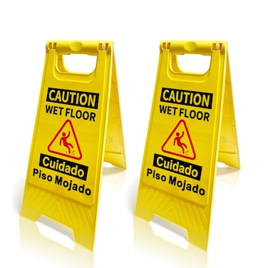 Wet Floor Sign, Foldable Caution Wet Floor Sign Bilingual Double-Sided Safety Warning Signs for Commercial, Pool,Shopping Mall Yellow (2-Pack)