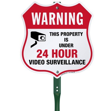 SmartSign 12 x 11.5 inch 'Warning Property Under 24 Hour Video Surveillance' Yard Sign with 3 ft Stake, 40 mil Aluminum 3M Laminated Engineer Grade Reflective, Red/Black/White, USA-Made