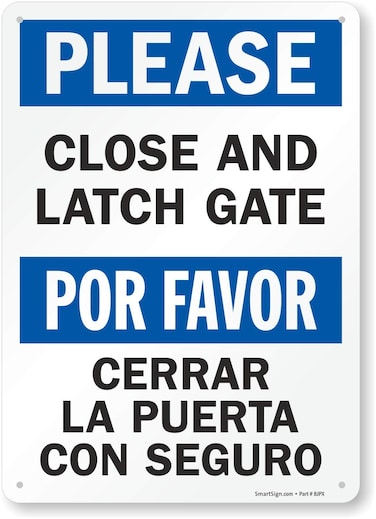 SmartSign-U9-2415-NP "Please - Close And Latch Gate" Bilingual Sign   10" x 14" Plastic , Black/Blue on White