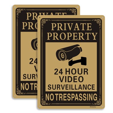 Amexiu Private Property No Trespassing 24 Hours CCTV Camera Video Surveillance Warning Sign   10" x 7" Rust Free Aluminum Easy Mounting Fade Resistance, 2 Pack