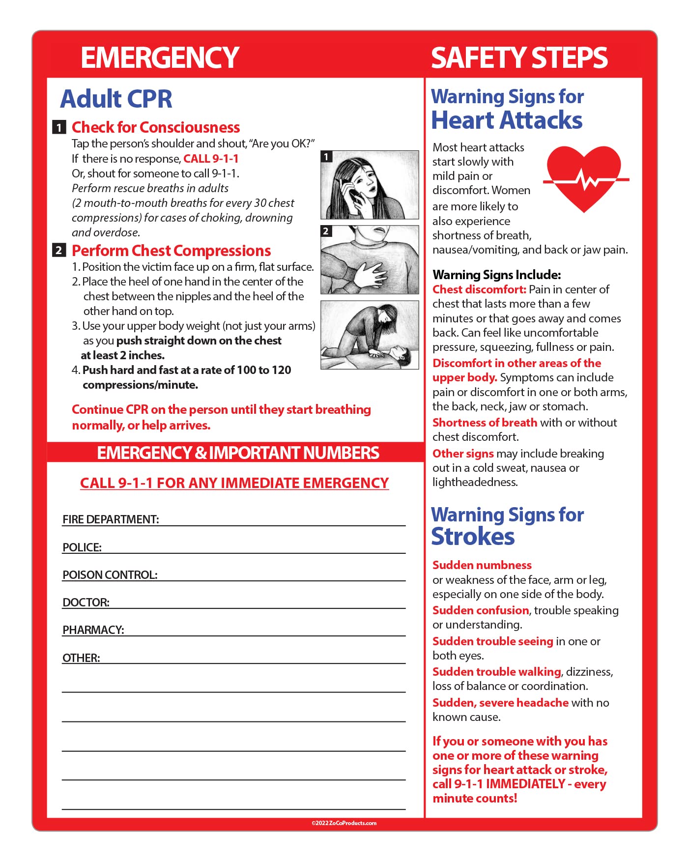 Buy Adult CPR and Heart Attack and Stroke, Rescue Chart, Quick First ...