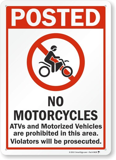 SmartSign-S-8818-Pl-14 "Posted - No Motorcycles, ATVs And Motorized Vehicles" Sign   10" x 14" Plastic , Black/Red on White