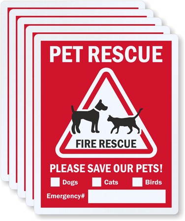SmartSign 5-Pack 5" x 4" 'Pet Rescue Fire Rescue, Please Save Our Pets - Dogs, Cats, Birds' Write-On Labels, 5.5 mil Laminated Vinyl, 3M Engineer Grade Reflective, Red/Black/White, USA-Made