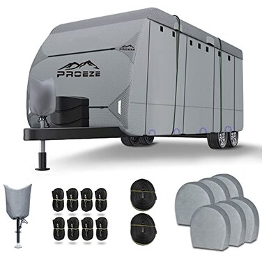 Travel Trailer Cover, 27'-30' Extra-Thick Upgraded 6 Layers Top RV Cover, Heavy Duty Ripstop, Anti-UV, Waterproof Camper Cover with 1 Tongue Jack Cover, 2 Windproof Strap, 6 Gutter Covers