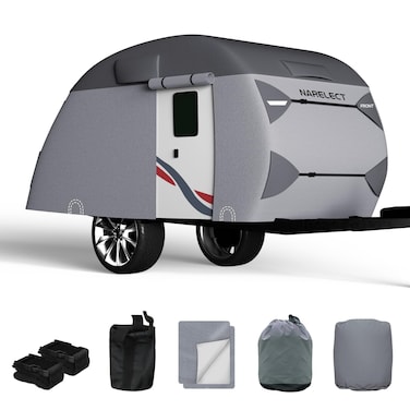 Teardrop Travel Trailer Cover Fits 5'-8' Trailers, 7 Layers Top Heavy Duty Camper Cover Waterproof, Camping Trailer Cover with Windproof Strap, RV Cover for R-Pod Trailers, Clamshell Trailers