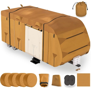 Lanceton 27-30ft Travel Trailer Camper RV Cover Package Premium Heavy-Duty Waterproof Anti-UV Breathable Fabric Including Jack Cover 4 Tire Covers and 2 Secure Straps