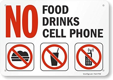 SmartSign - S-4892-PL-10 "No Food, Drinks, Cell Phone" Sign   7" x 10" Plastic Black/Red on White