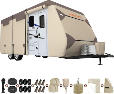 Narelect RV Cover Travel Trailer Cover, Extra-Thick Upgraded 7 Layers Top Windproof Camper Cover Anti-UV RV Cover Toy Hauler Cover with Tire Cover Gutter Cover (7-Layers, Fits 16-18FT)
