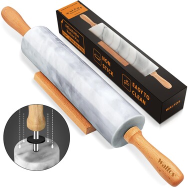 Walfos Marble Rolling Pin With Wooden Handles &amp; Wood Cradle, 16.5 Inch Marble Rolling Pins For Making Pizza Dough And Tortillas, Dough Roller For Pie Crust, Cookie, Pasta (Gray &amp; White)