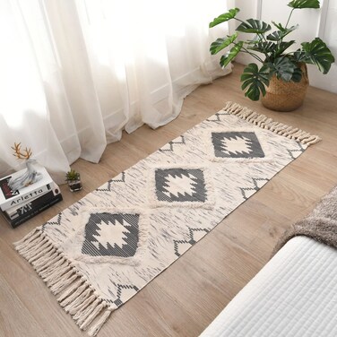 Boho Runner Rug 2'x4.3', Washable Hallway Farmhouse Area Rug, Kitchen Floor Mat with Tassels, Tufted Cotton Woven Entryway Carpet, Grey