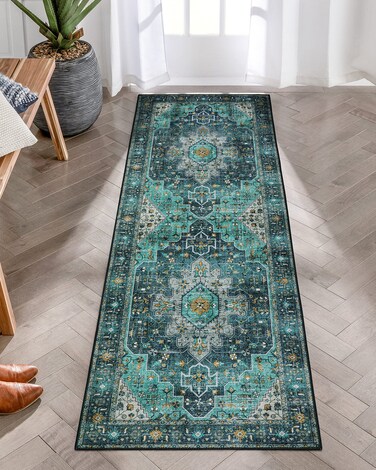 Moynesa Ultra-Thin Washable Runner Rug - 2x6 Teal Non Slip Bathroom Rug Runner Laundry Room Mat, Machine Washable Non-Slip Pet Friendly Carpet Runner for Camper RV Foyer Kitchen Hallway