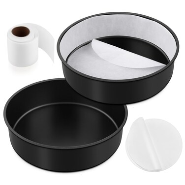 E-far 9.5 Inch Cake Pans Set of 2, Nonstick Stainless Steel Small Round Baking Pans with Parchment Paper &amp; Side Liner Roll, Stainless Steel Core &amp; Non-toxic Coating, Straight Side &amp; 2 Inch Deep