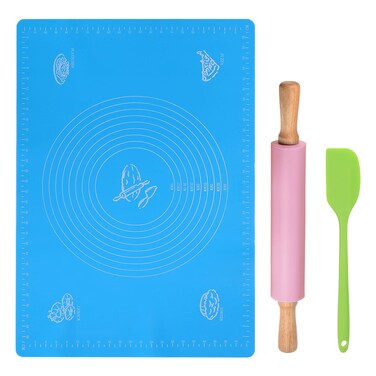 HARFINGTON 3pcs Silicone Rolling Pins for Baking 16.93 Inch Wooden Handle with Baking Mat Silicone Spatula Small Roller Playdough Rolling Pins for Fondant Kitchen Dough Pizza, Pink