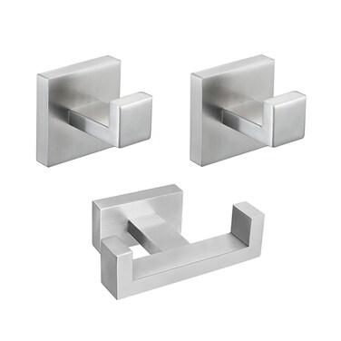 Double Tower Hooks for Bathroom, Square Wall Mount Stainless Steel Heavy Duty Door Hanger, 1*Double Towel Hook + 2* Towel Hooks Set(Silver)