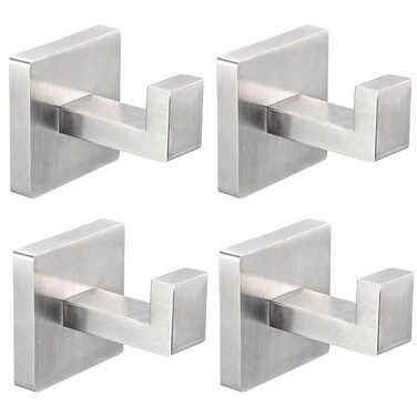 IBosins 4 Pack Towel Hooks Hand Towel Holder for Bathroom Wall Livingroom Bedroom Kitchen Closet Heavy Duty Stainless Steel Hook Hanger for Robe, Bath Towel, Coat (Square Brushed Silver)