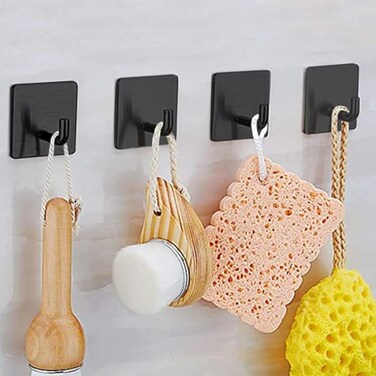 Rise age Adhesive Hook, Waterproof in Shower Hooks for Inside Shower, No Drill Shower Hanger Hooks for Hanging Loofah, Towels, Robes Stainless Steel Sticky Wall Hook Black Stick on Hooks (Black 4 PCS)