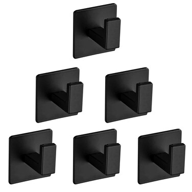 Vanloory Bath Towel Hook,6 Pack Self Adhesive Square Coat Hooks, Sturdy No Drilling Robe Hook, Stainless Steel Heavy Duty Clothes Hanger, Wall Hooks for Bathroom Bedroom Kitchen (2 Inch,Black)