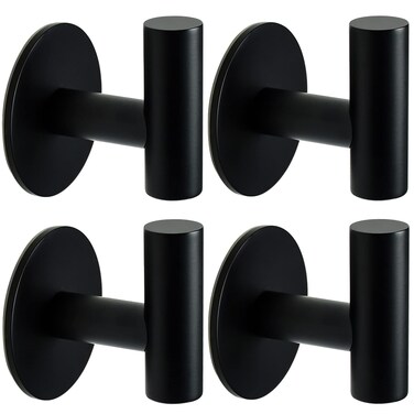 Self Adhesive Towel Hook Matte Black Coat Hook Brushed Nickel SUS304 Stainless Steel Heavy Duty Waterproof Towel Robe Clothes Hook Holder for Bathroom Kitchen Office Hotel Pool Wall Mounted Hook-4Pack