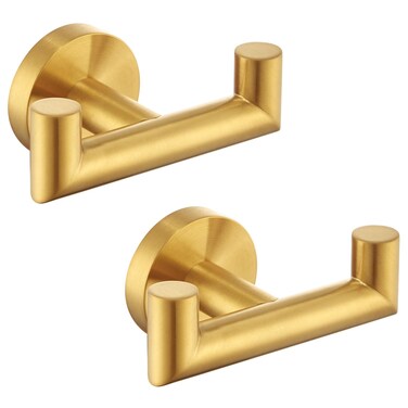Angle Simple Towel Double Hook Brushed Gold 2 PCS, SUS304 Stainless Steel Bathroom Hand Towel Holder, Double Robe Hook, Wall Mount