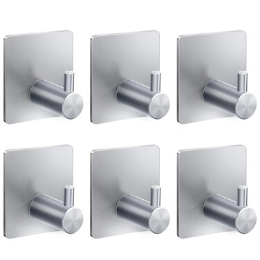 xdgeLoad Adhesive Towel Hooks for Bathroom, Silver Adhesive Heavy Duty Towel Hooks 6 Pack for Hanging/Bathroom/Kitchen/Robe, Stainless Steel Matte Towel Wall Hooks Without Punching