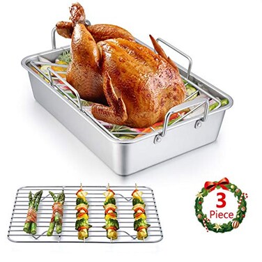 E-far 14 x 10.6 Inch Roasting Pan, Stainless Steel Turkey Roaster with V Rack &amp; Baking Rack Set, Small Heavy Duty Deep Broiling Pan for Oven Cooking Lasagna Meat Chicken - Dishwasher Safe