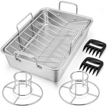 16" Roasting Pan with Rack, 7 PCS P&amp;P CHEF Stainless Steel Roaster Lasagna Pan with Cooling Flat &amp; V-shaped Baking Rack, Grilling Chicken Holder, Meat Shredding Claws, Dishwasher &amp; Oven Safe